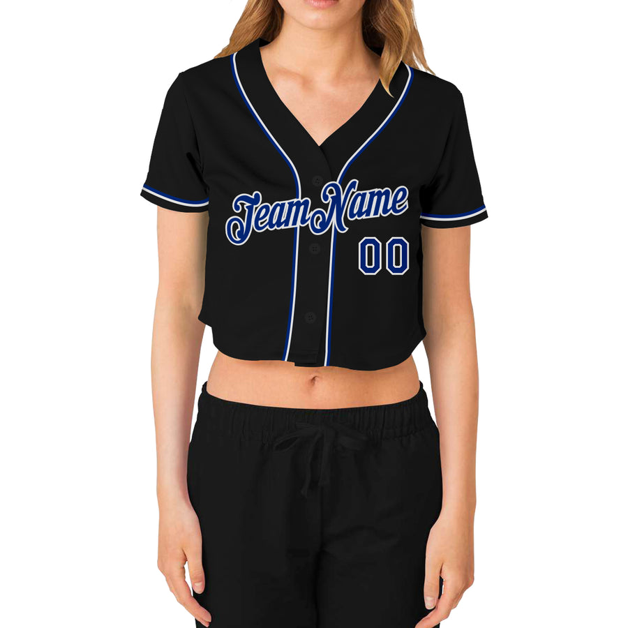Custom Women's Black Royal-White V-Neck Cropped Baseball Jersey