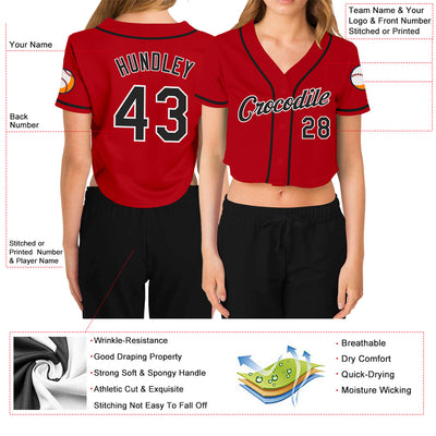 Custom Women's Red Black-White V-Neck Cropped Baseball Jersey