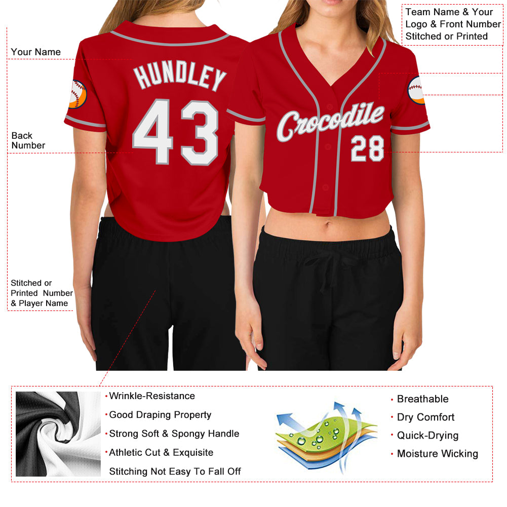 Custom Women's Red White-Gray V-Neck Cropped Baseball Jersey