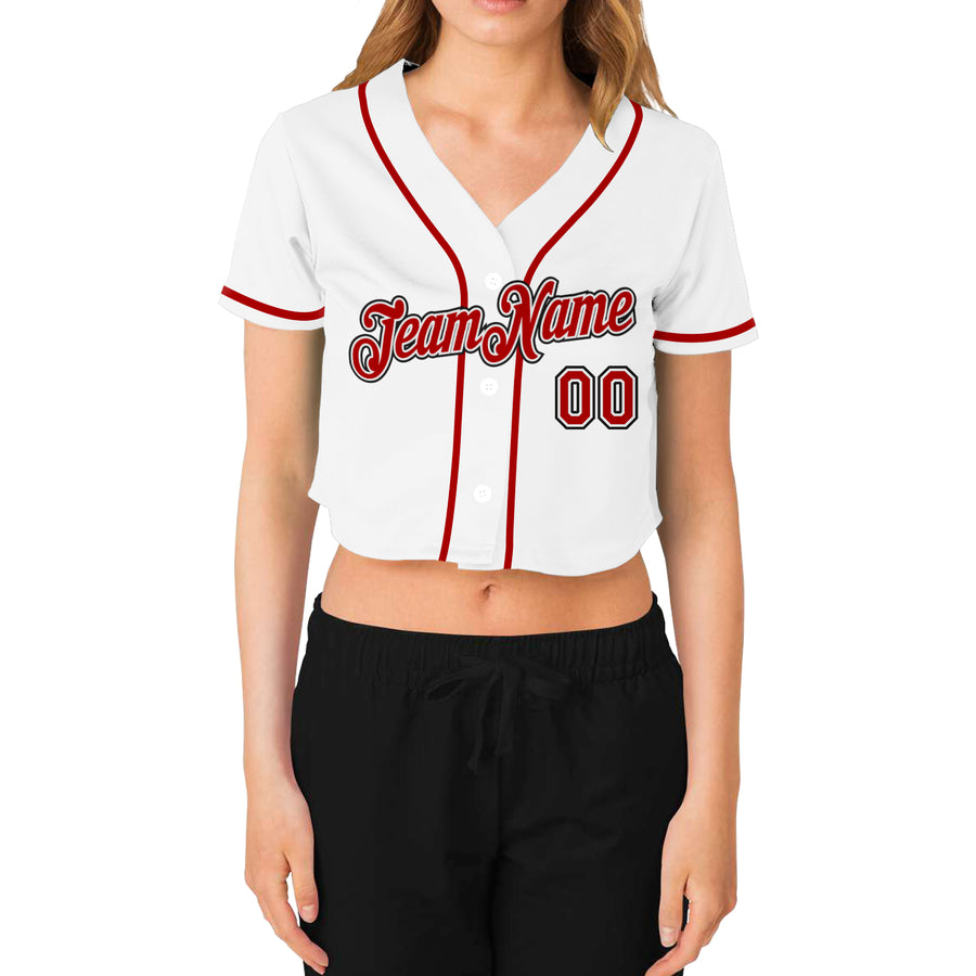 Custom Women's White Red-Black V-Neck Cropped Baseball Jersey