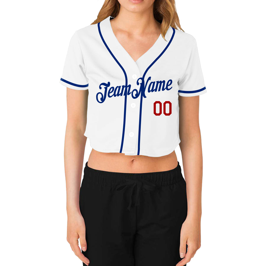 Custom Women's White Royal-Red V-Neck Cropped Baseball Jersey