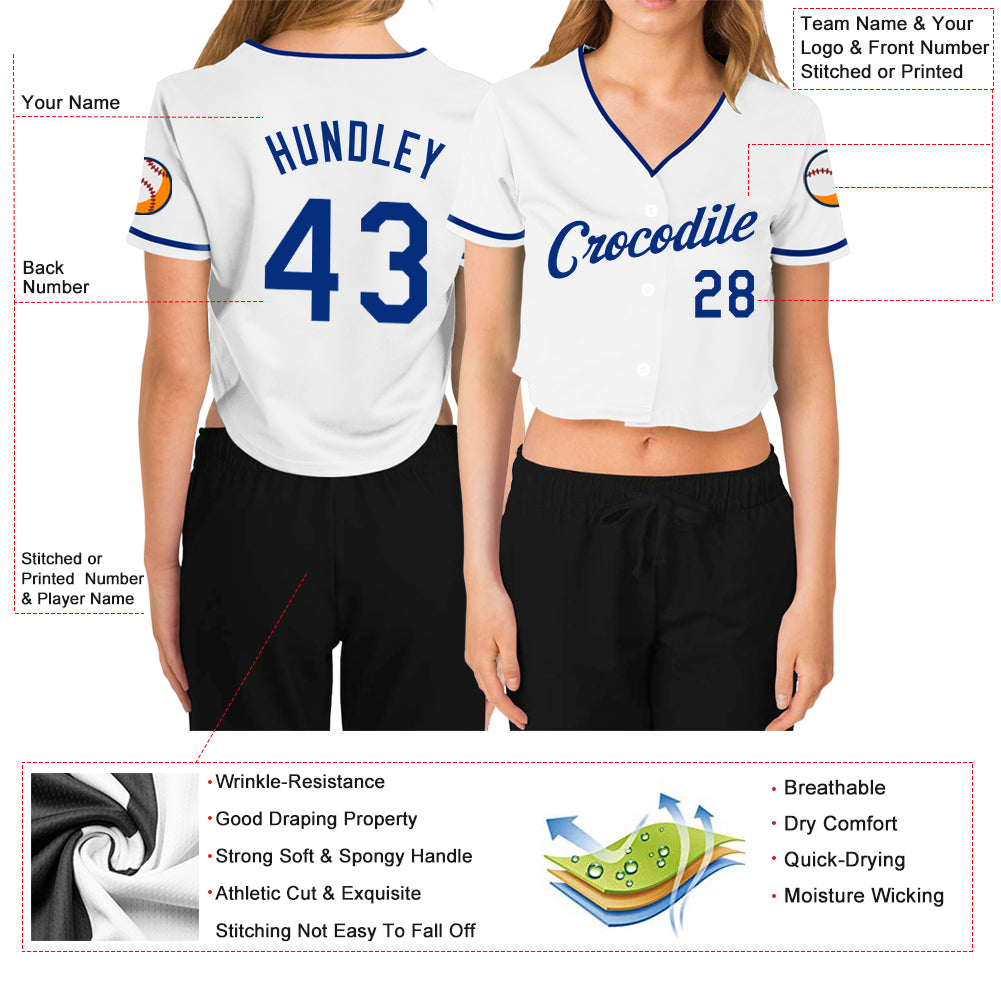 Custom Women's White Royal V-Neck Cropped Baseball Jersey