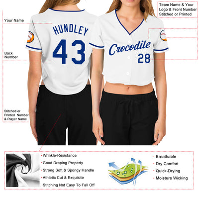 Custom Women's White Royal V-Neck Cropped Baseball Jersey