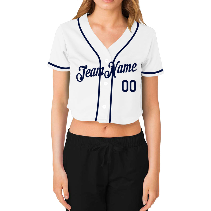 Custom Women's White Navy V-Neck Cropped Baseball Jersey