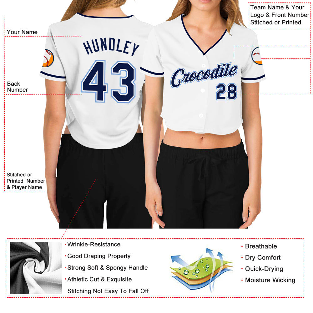 Custom Women's White Navy-Light Blue V-Neck Cropped Baseball Jersey