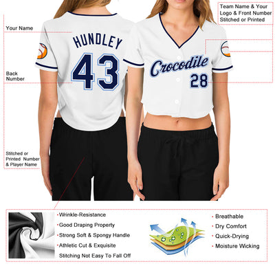 Custom Women's White Navy-Light Blue V-Neck Cropped Baseball Jersey