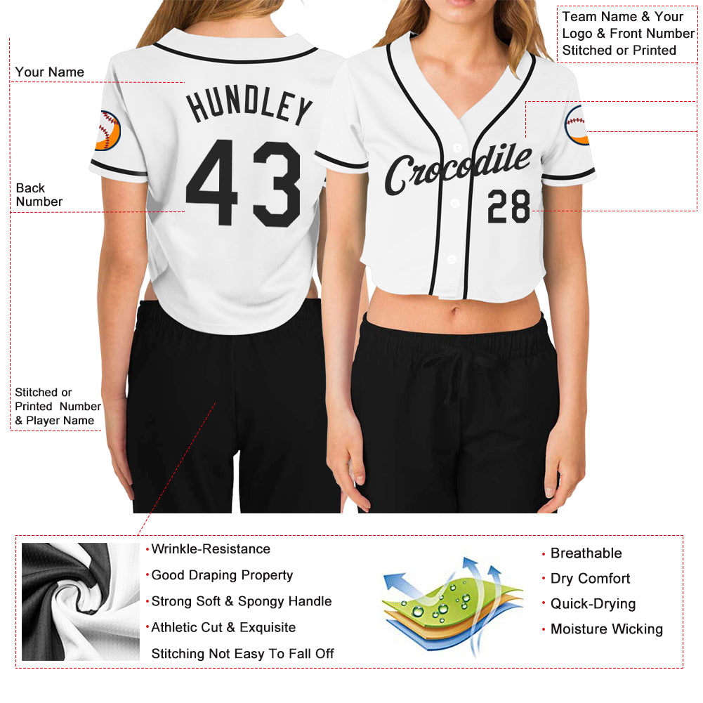 Custom Women's White Black V-Neck Cropped Baseball Jersey