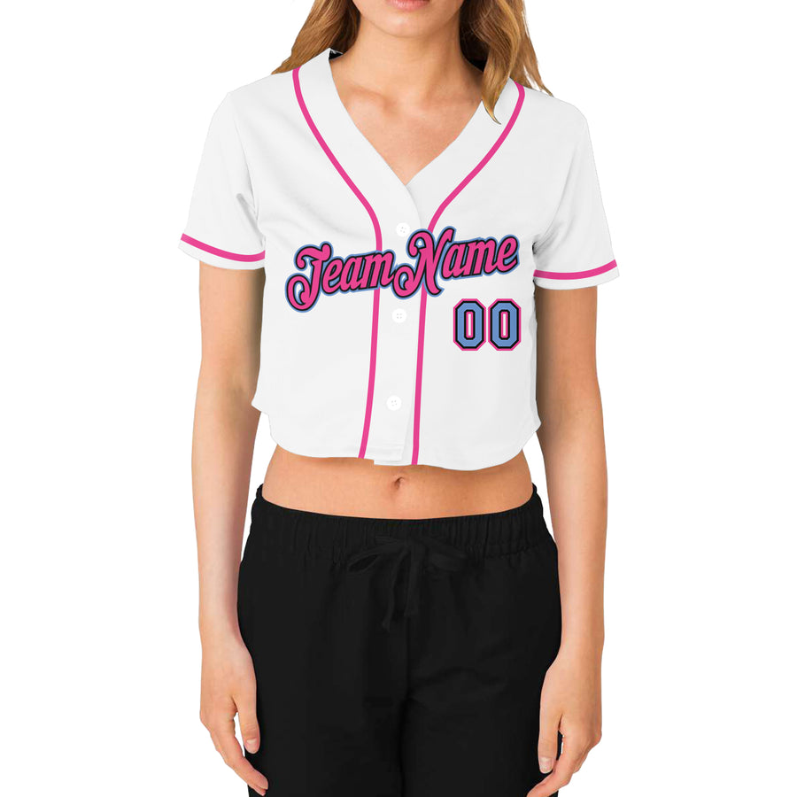 Custom Women's White Light Blue Black-Pink V-Neck Cropped Baseball Jersey