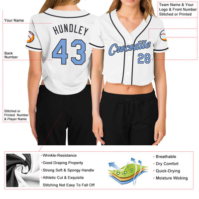 Custom Women's White Light Blue-Steel Gray V-Neck Cropped Baseball Jersey