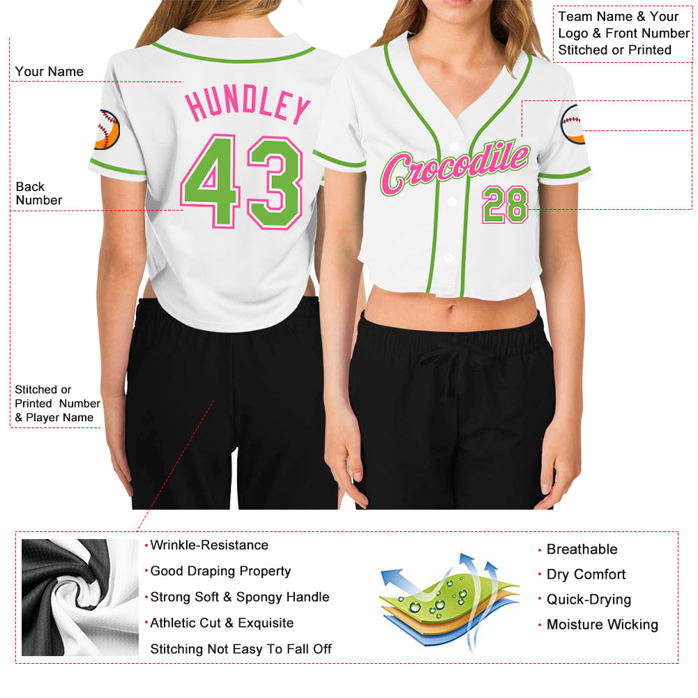 Custom Women's White Neon Green-Pink V-Neck Cropped Baseball Jersey