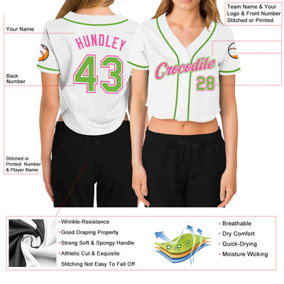 Custom Women's White Neon Green-Pink V-Neck Cropped Baseball Jersey