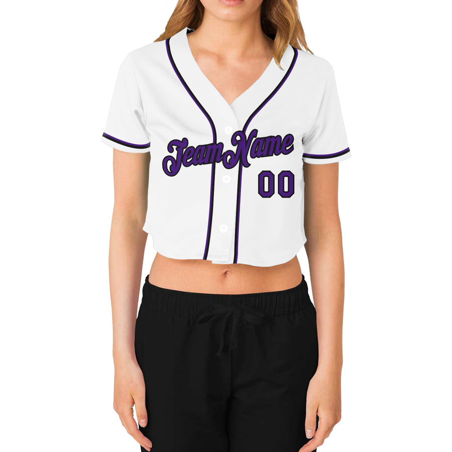 Custom Women's White Purple-Black V-Neck Cropped Baseball Jersey