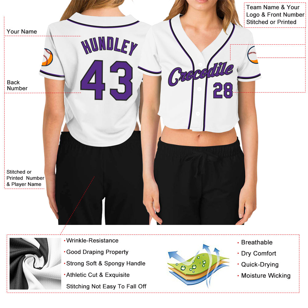 Custom Women's White Purple-Black V-Neck Cropped Baseball Jersey