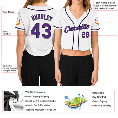 Custom Women's White Purple-Black V-Neck Cropped Baseball Jersey