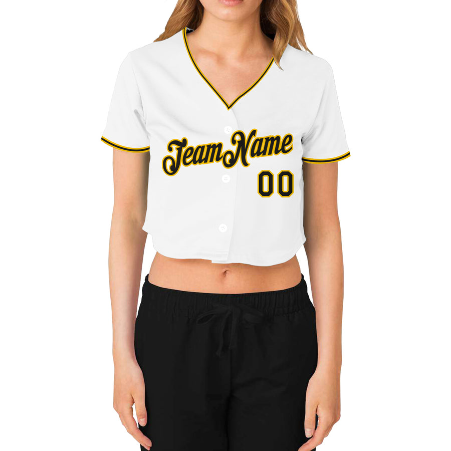 Custom Women's White Black-Gold V-Neck Cropped Baseball Jersey