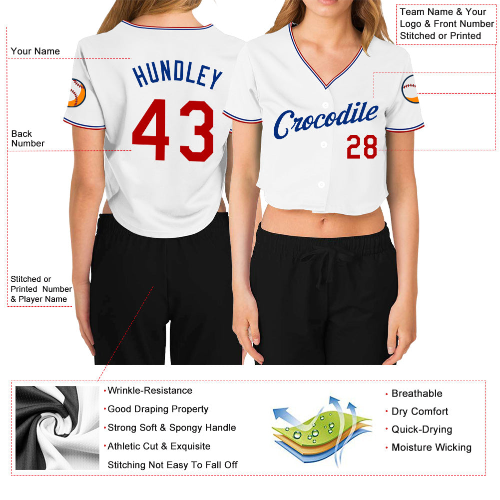 Custom Women's White Red-Royal V-Neck Cropped Baseball Jersey