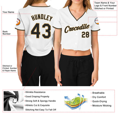 Custom Women's White Black-Old Gold V-Neck Cropped Baseball Jersey