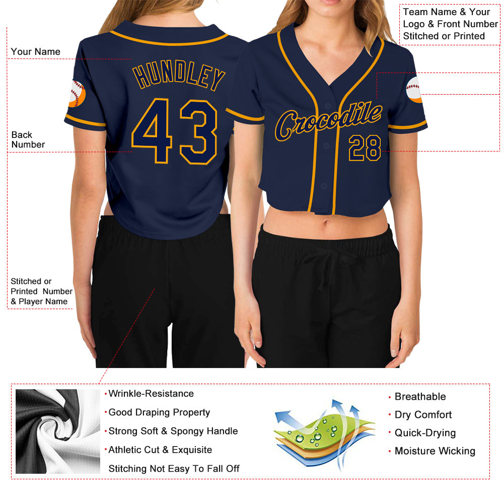 Custom Women's Navy Navy-Gold V-Neck Cropped Baseball Jersey