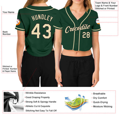 Custom Women's Green Cream-Black V-Neck Cropped Baseball Jersey