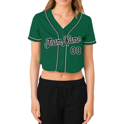 Custom Women's Kelly Green Black-White V-Neck Cropped Baseball Jersey