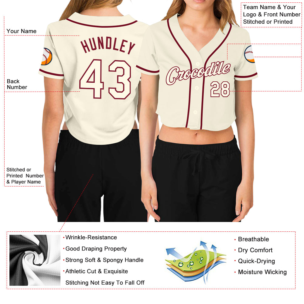 Custom Women's Cream Cream-Crimson V-Neck Cropped Baseball Jersey