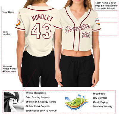 Custom Women's Cream Cream-Crimson V-Neck Cropped Baseball Jersey