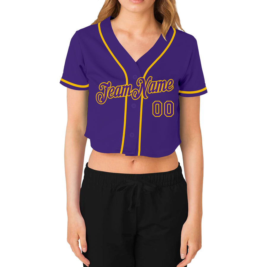 Custom Women's Purple Purple-Gold V-Neck Cropped Baseball Jersey