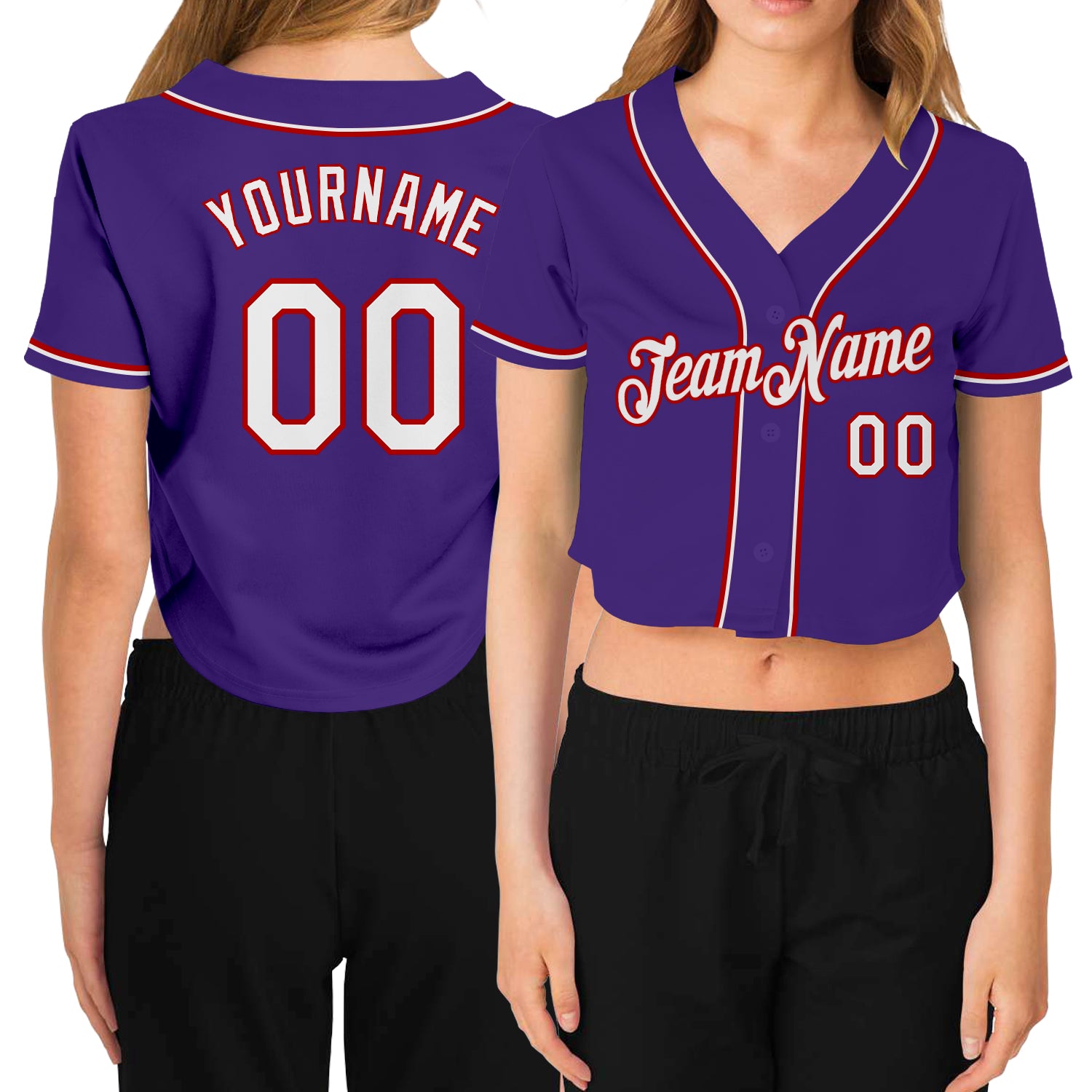 Custom Women's Purple White-Red V-Neck Cropped Baseball Jersey