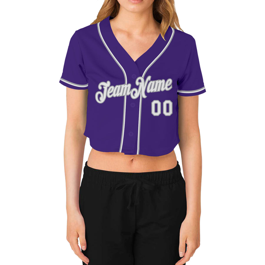 Custom Women's Purple White-Gray V-Neck Cropped Baseball Jersey