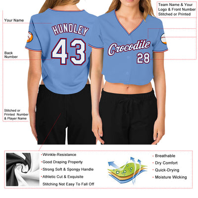 Custom Women's Light Blue White Royal-Red V-Neck Cropped Baseball Jersey