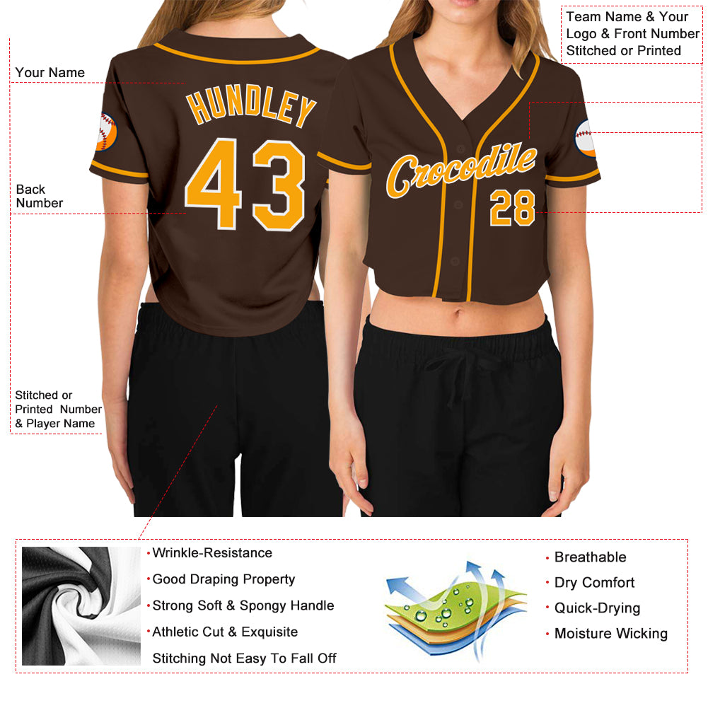 Custom Women's Brown Gold-White V-Neck Cropped Baseball Jersey