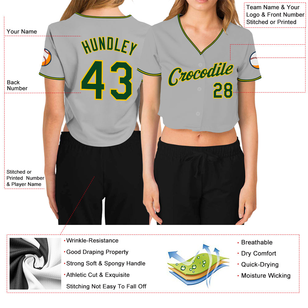 Custom Women's Gray Green-Gold V-Neck Cropped Baseball Jersey
