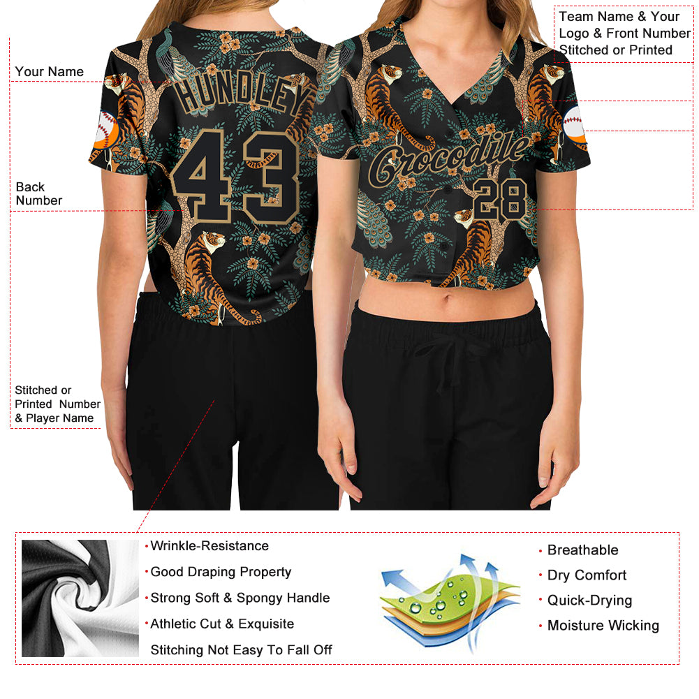 Custom Women's Black Black-Old Gold Tiger And Peacock 3D V-Neck Cropped Baseball Jersey