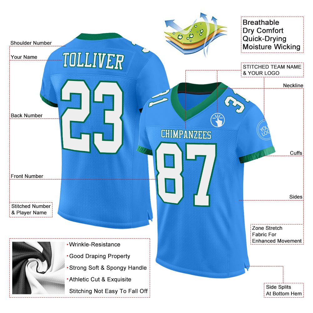 Custom Powder Blue White-Kelly Green Mesh Authentic Football Jersey