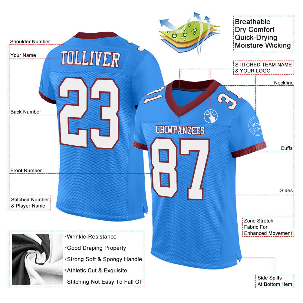Custom Powder Blue White-Burgundy Mesh Authentic Football Jersey