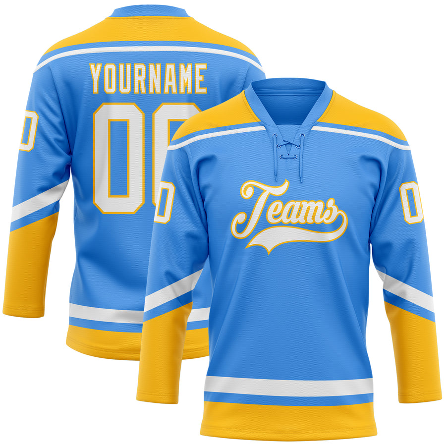 Custom Powder Blue White-Gold Hockey Lace Neck Jersey