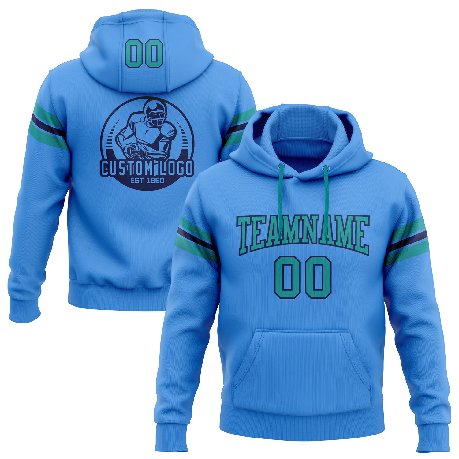 Custom Stitched Powder Blue Teal-Navy Football Pullover Sweatshirt Hoodie
