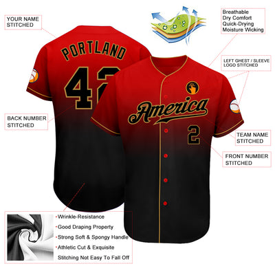 Custom Red Black-Old Gold Authentic Fade Fashion Baseball Jersey