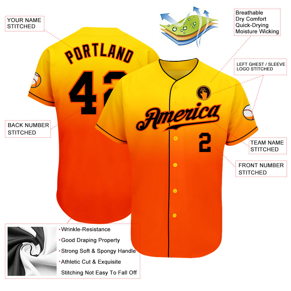 Custom Yellow Black-Orange Authentic Fade Fashion Baseball Jersey