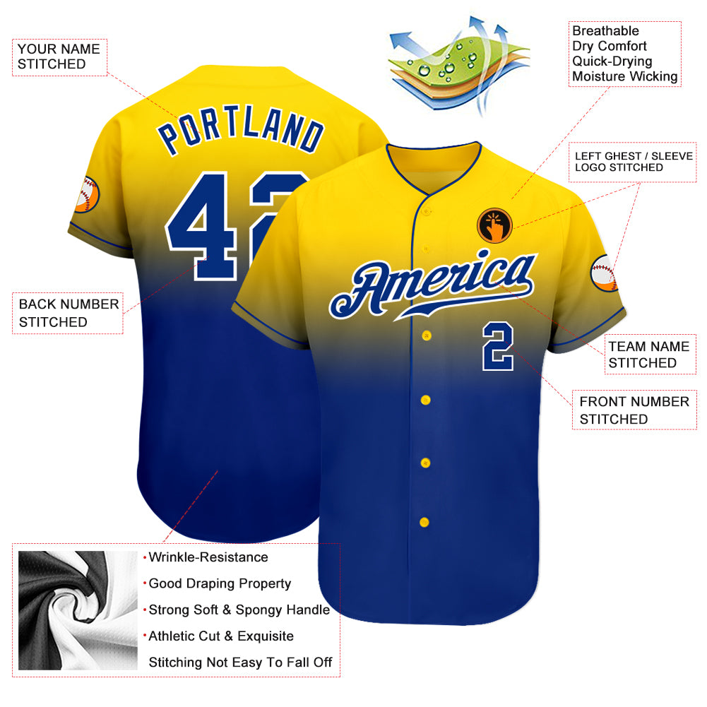 Custom Yellow Royal-White Authentic Fade Fashion Baseball Jersey