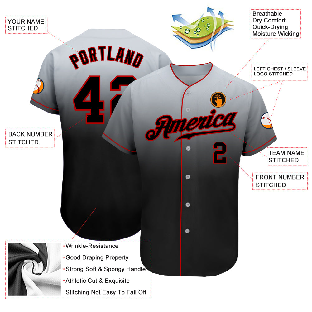 Custom Gray Black-Red Authentic Fade Fashion Baseball Jersey
