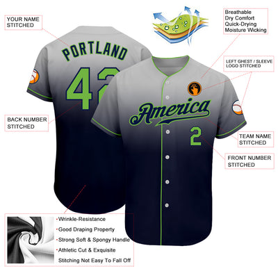 Custom Gray Neon Green-Navy Authentic Fade Fashion Baseball Jersey