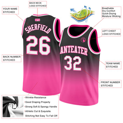 Custom Black White-Pink Authentic Fade Fashion Basketball Jersey