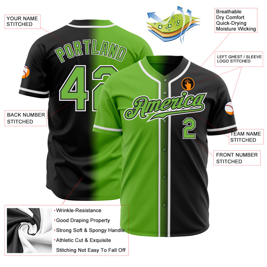 Custom Black Neon Green-White Authentic Gradient Fashion Baseball Jersey