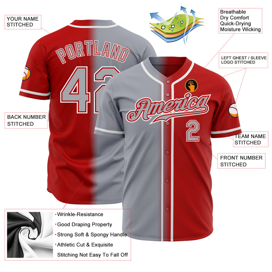Custom Red Gray-White Authentic Gradient Fashion Baseball Jersey