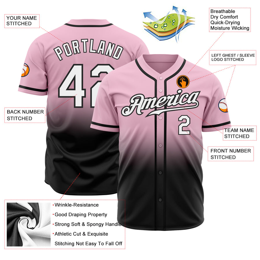 Custom Light Pink White-Black Authentic Fade Fashion Baseball Jersey