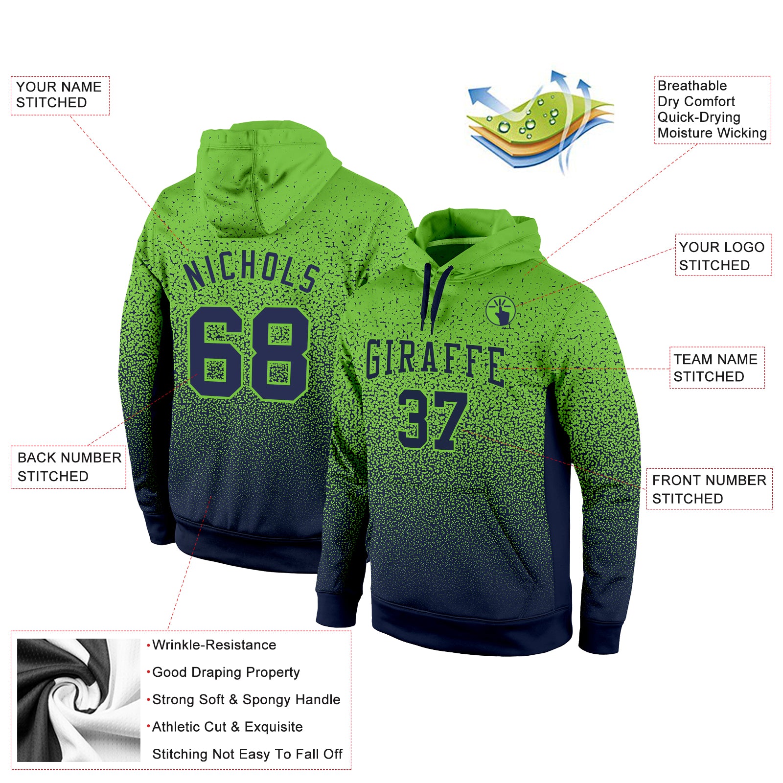 Custom Fade Fashion Sweatshirt Hoodie Neon Green Navy Sports