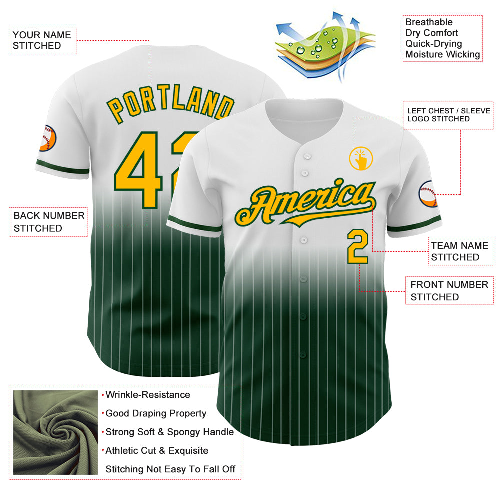 Custom White Pinstripe Gold-Green Authentic Fade Fashion Baseball Jersey