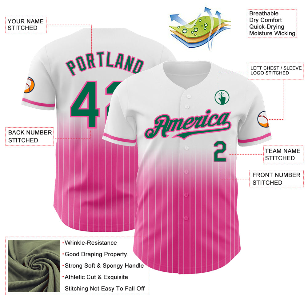 Custom White Pinstripe Kelly Green-Pink Authentic Fade Fashion Baseball Jersey