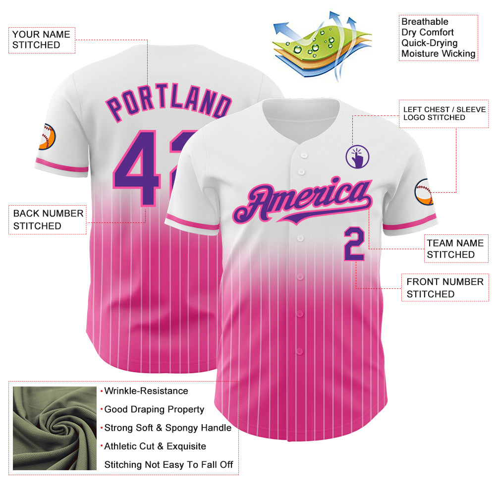 Custom White Pinstripe Purple-Pink Authentic Fade Fashion Baseball Jersey